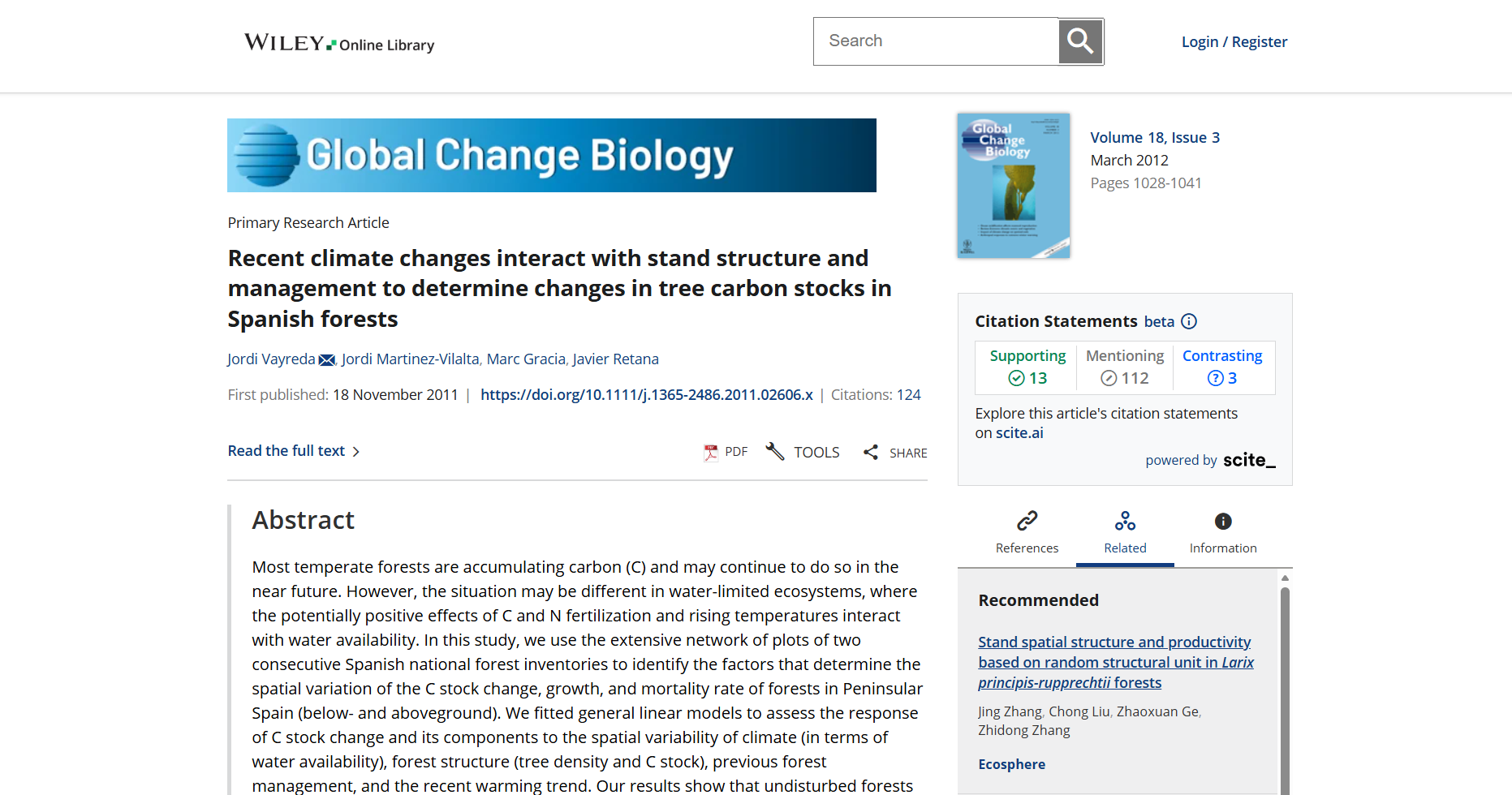 Recent climate changes interact with stand structure and management to determine changes in tree carbon stocks in Spanish forests